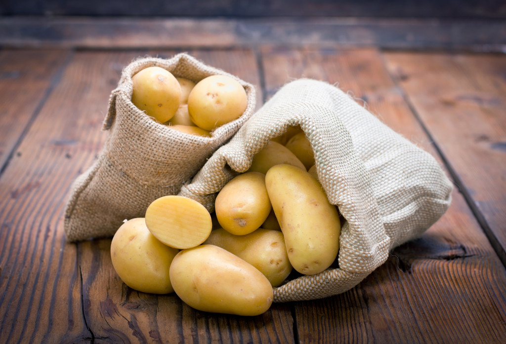 Organic potatoes in the burlap sack